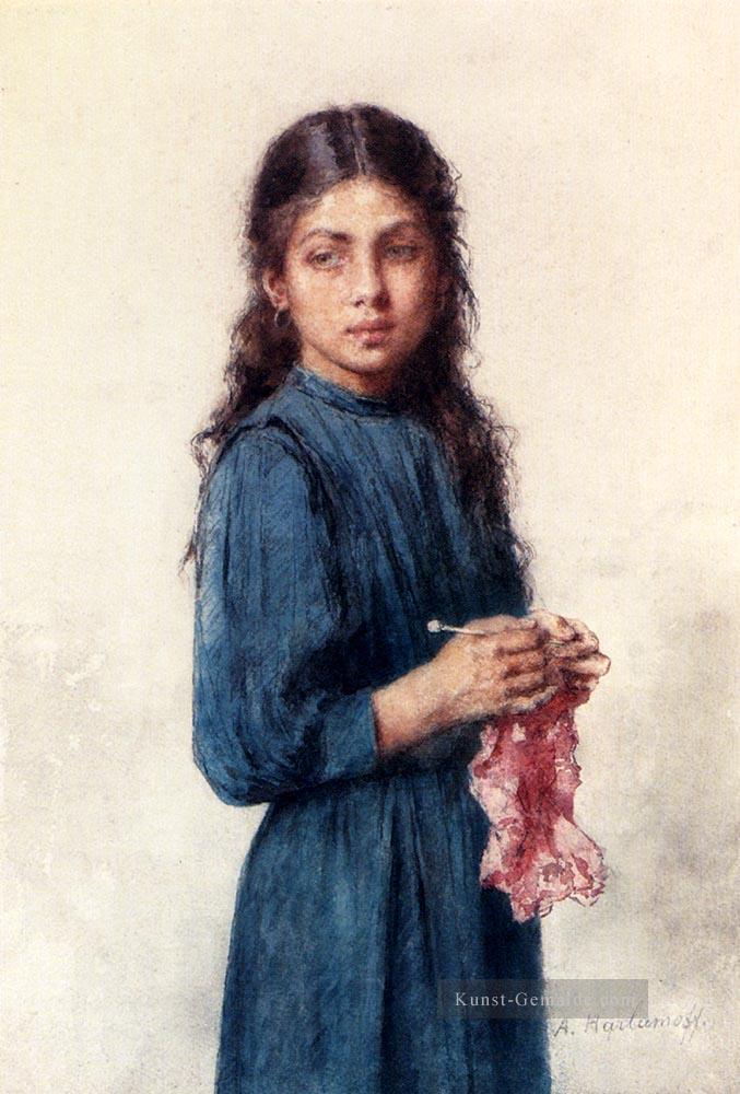 Ein junges Mädchen  Stricken Mädchen Porträt Alexei Harlamov Ölgemälde